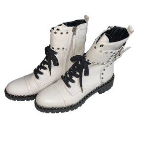 Sam Edelman Womens Jennifer Combat Boots Size 7 White Leather Textured Studded